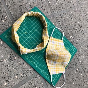 Set of Face Mask & knotted headband Gingham cactus